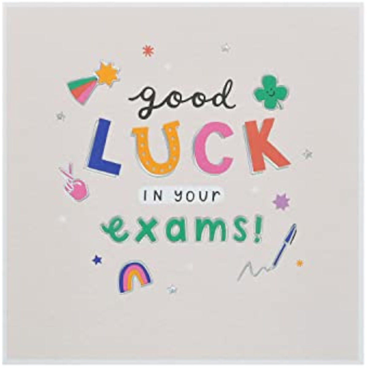 UK Greetings Good Luck Exams Card featuring colorful designs to encourage students during exam season.