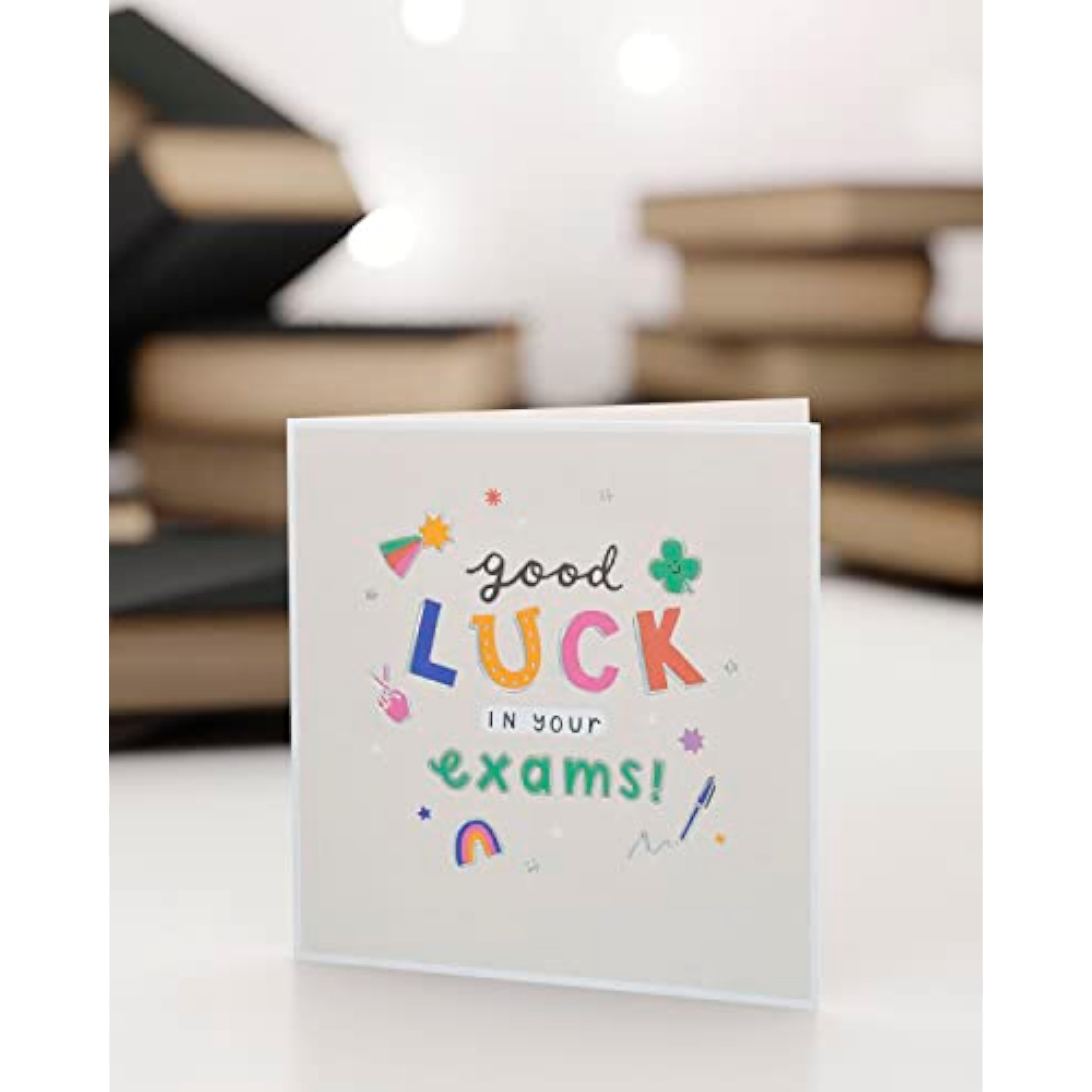 UK Greetings Good Luck Exams Card, a greeting card with encouraging message for students taking exams, featuring colorful design elements.