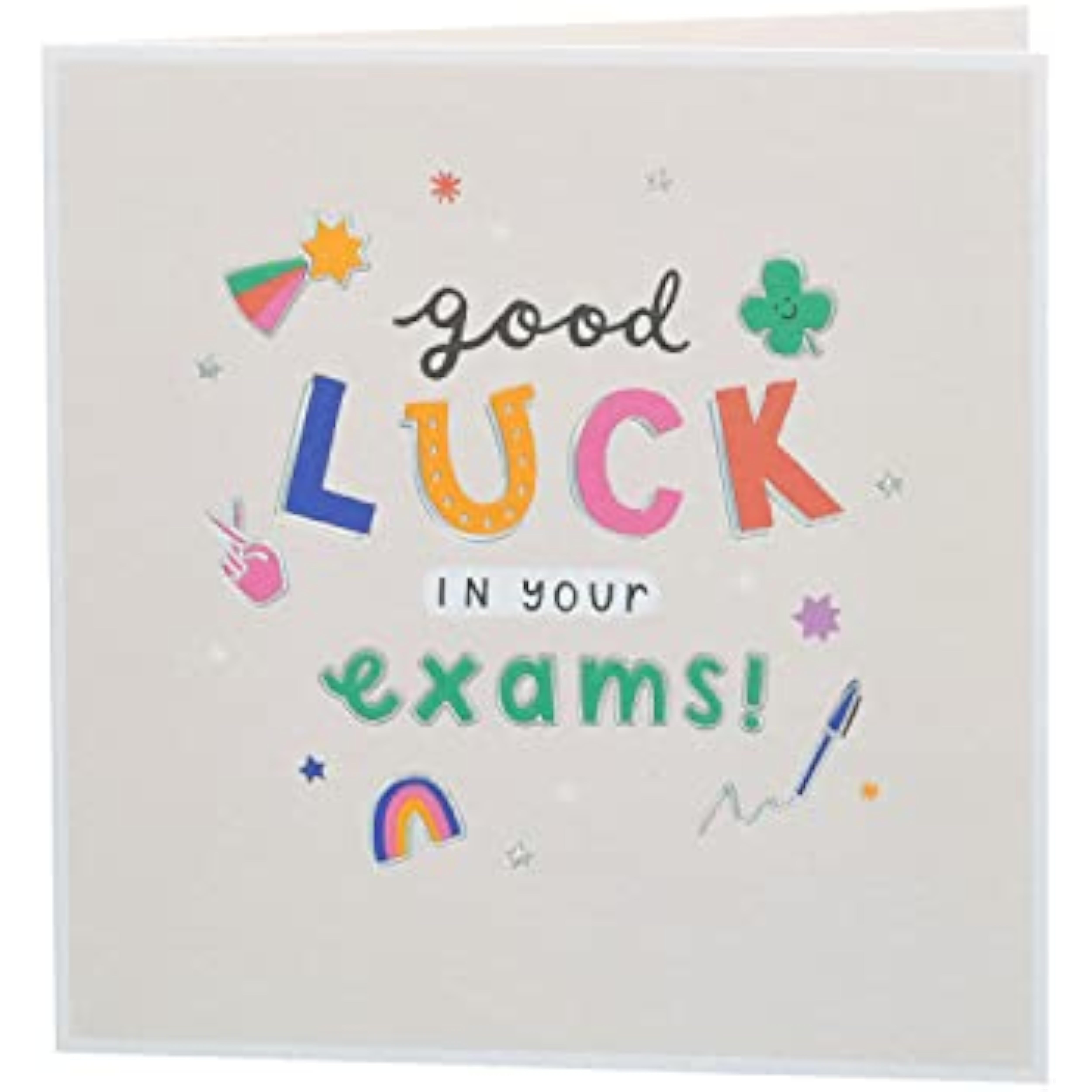 UK Greetings Good Luck Exams greeting card featuring uplifting design to encourage students during exam time.