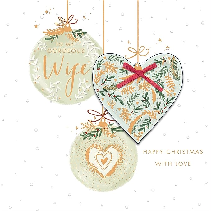 UK Greetings Gorgeous Wife Christmas Card featuring luxury baubles and embellishments for a festive greeting card.