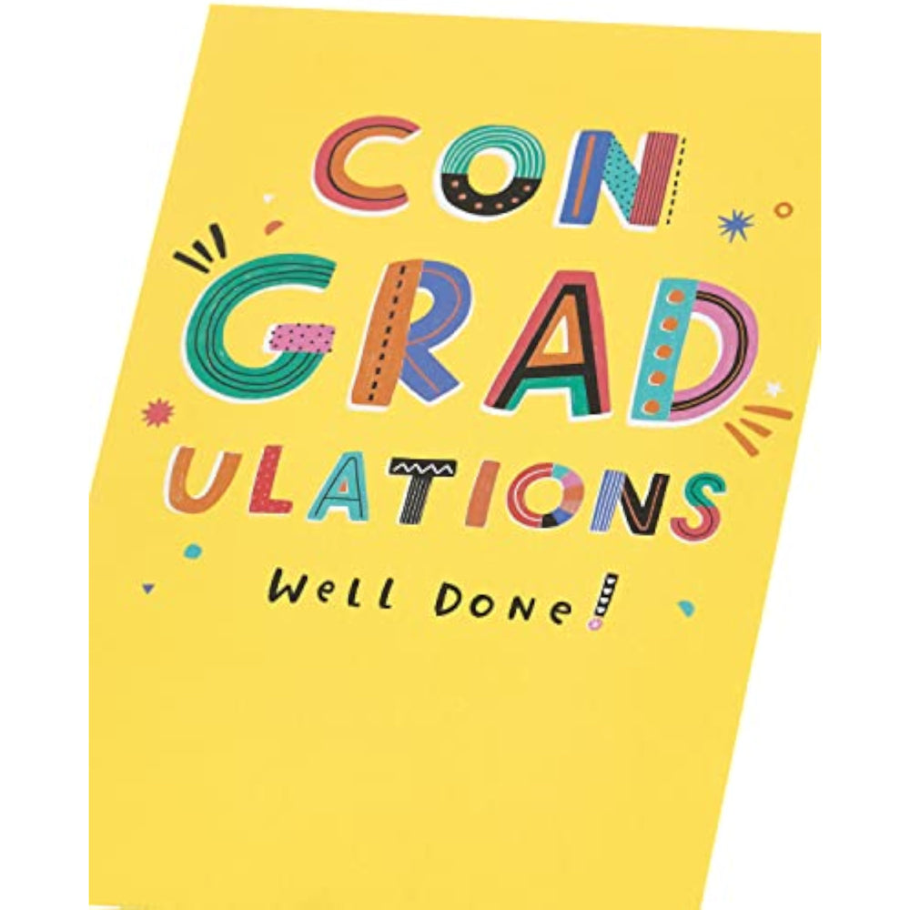UK Greetings graduation card for him, her, or friend with yellow design and envelope, perfect for celebrating graduation milestones.