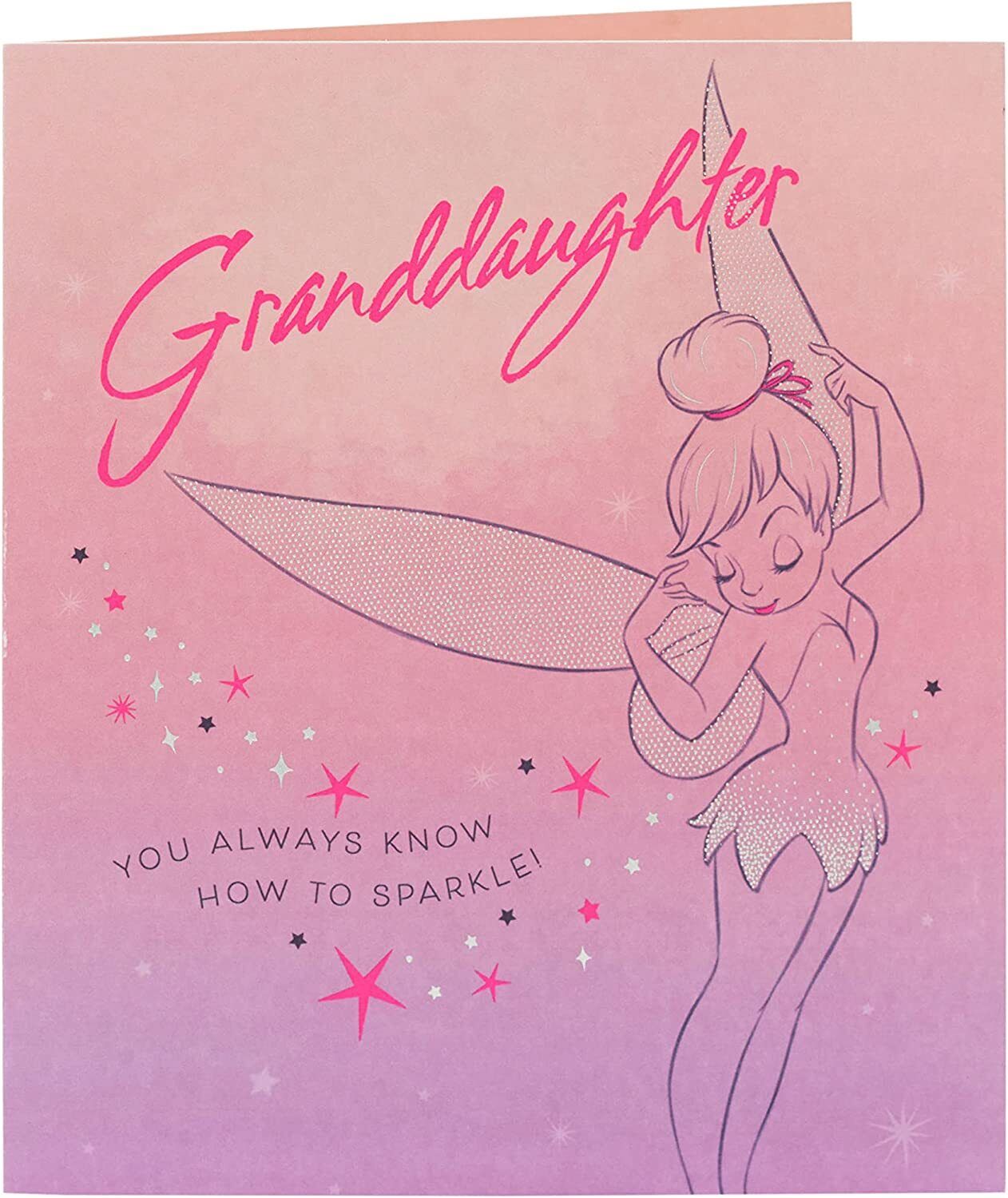 UK Greetings Disney Tinkerbell birthday card for granddaughter, featuring colorful Tinkerbell design on greeting card.