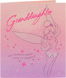UK Greetings Disney Tinkerbell birthday card for granddaughter, featuring colorful Tinkerbell design on greeting card.