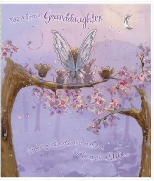 UK Greetings Granddaughter Fairy birthday greeting card with silver foil finish, featuring a whimsical fairy design.