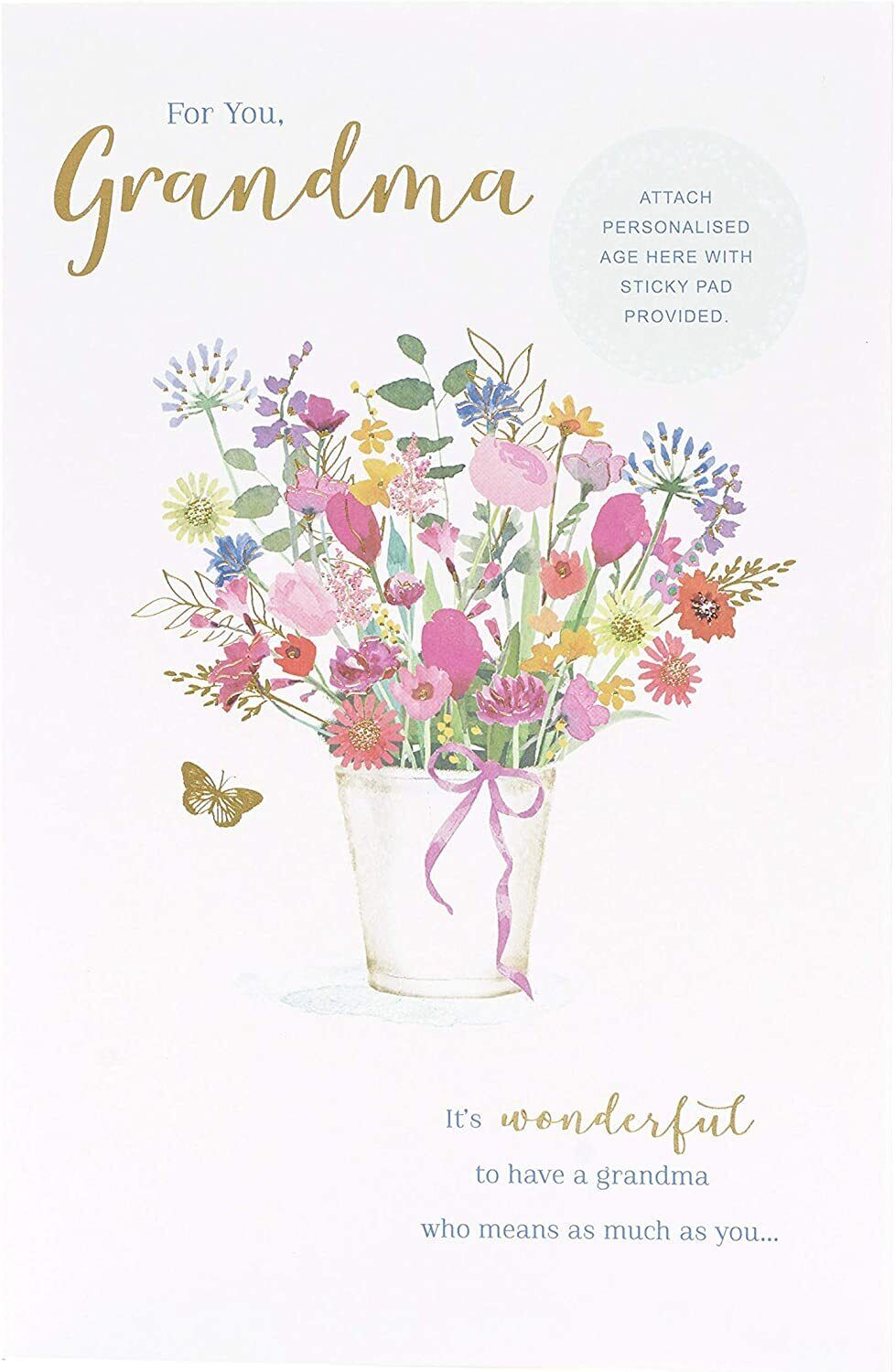 Personalized UK Greetings Grandma Birthday Card showing a colorful design, available for ages 40th to 90th.