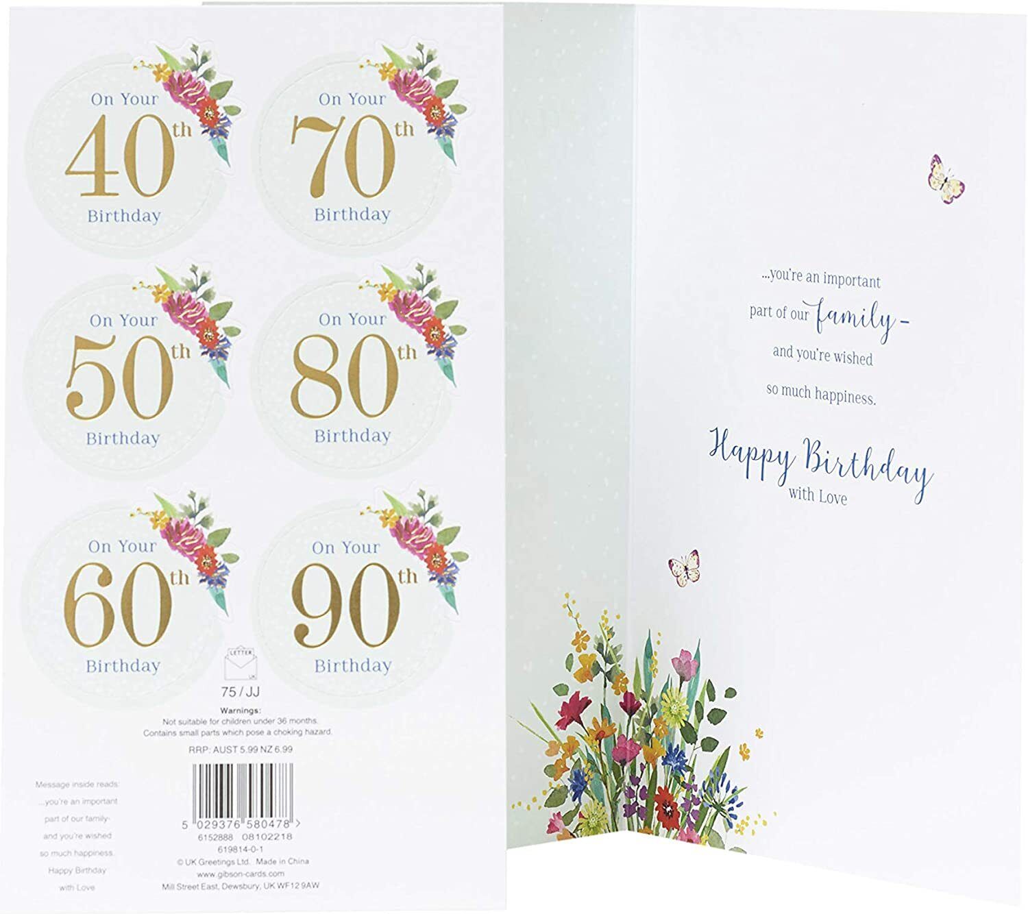 UK Greetings Grandma birthday card with personalized age options from 40th to 90th, featuring colorful greeting card design.