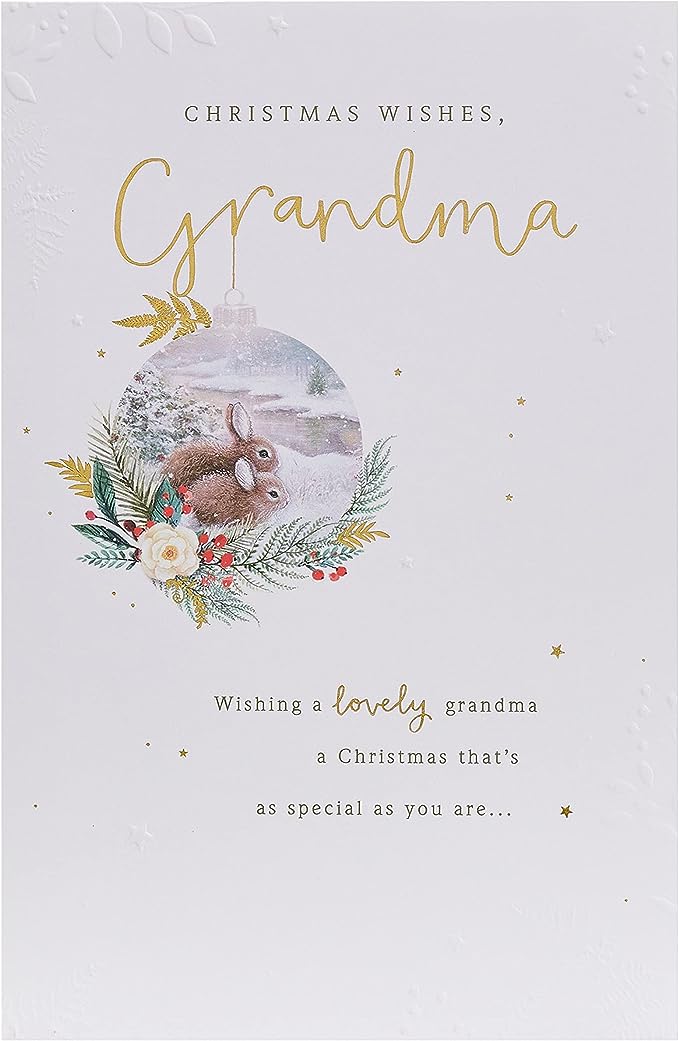 UK Greetings Grandma Rabbits Christmas Card featuring festive rabbit illustration, perfect for holiday greeting messages.