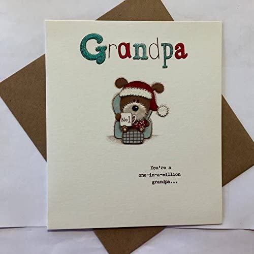 UK Greetings Grandpa Lots of Woof Christmas Card featuring festive dog illustrations, ideal for holiday greeting messages.