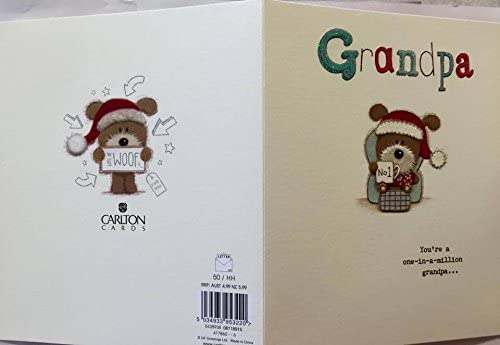 UK Greetings Grandpa Lots of Woof Christmas Card featuring festive dog illustrations, perfect for holiday greetings.