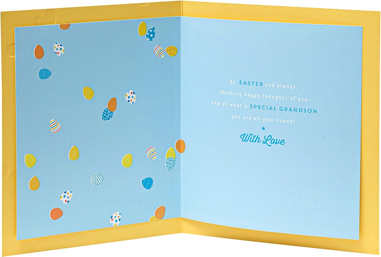 UK Greetings Grandson Easter card with blue egg design and envelope, featuring colorful Easter-themed illustrations.