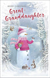 UK Greetings Great Granddaughter Christmas card featuring a snowman design, perfect for holiday greetings to a special great granddaughter.