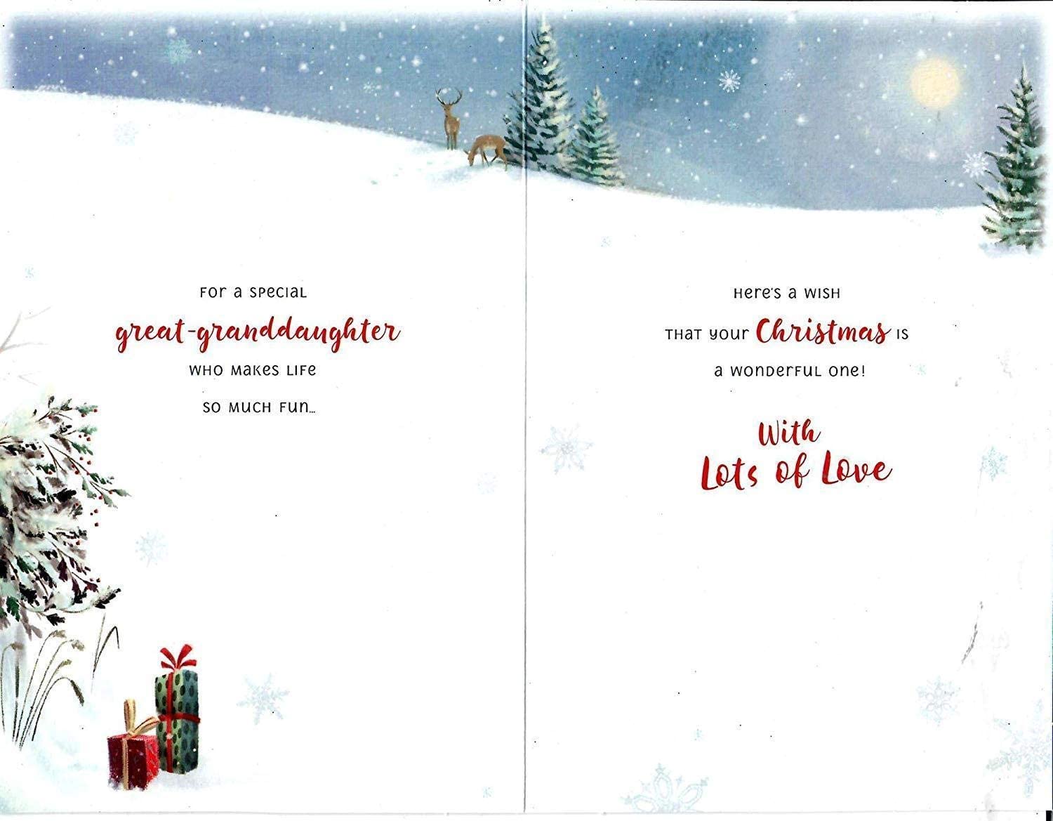 UK Greetings Great Granddaughter Snowman Christmas Card showing a festive snowman design on a holiday greeting card.