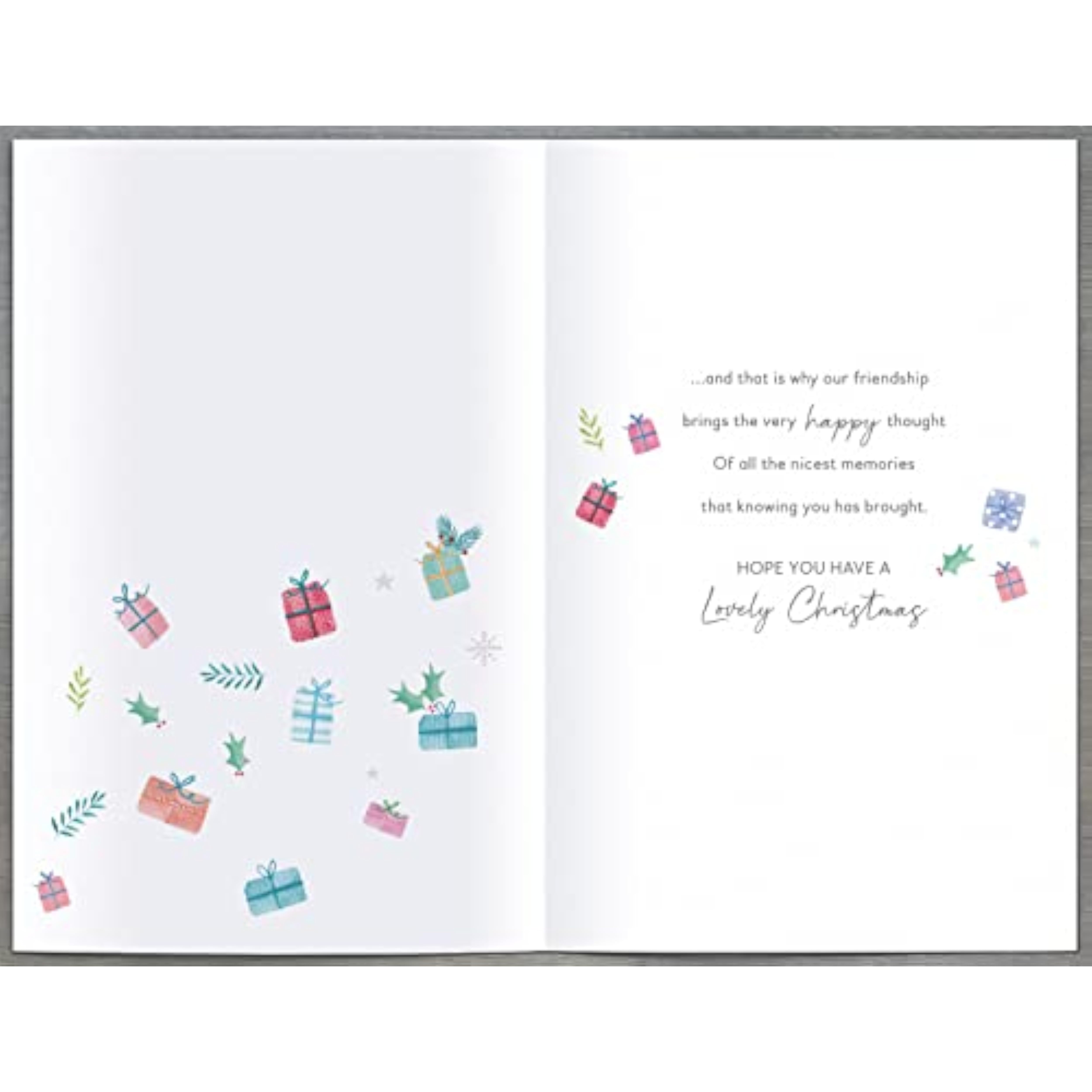 UK Greetings Christmas greeting card featuring Helen Steiner Rice's Wonderful Friend design with festive holiday imagery.
