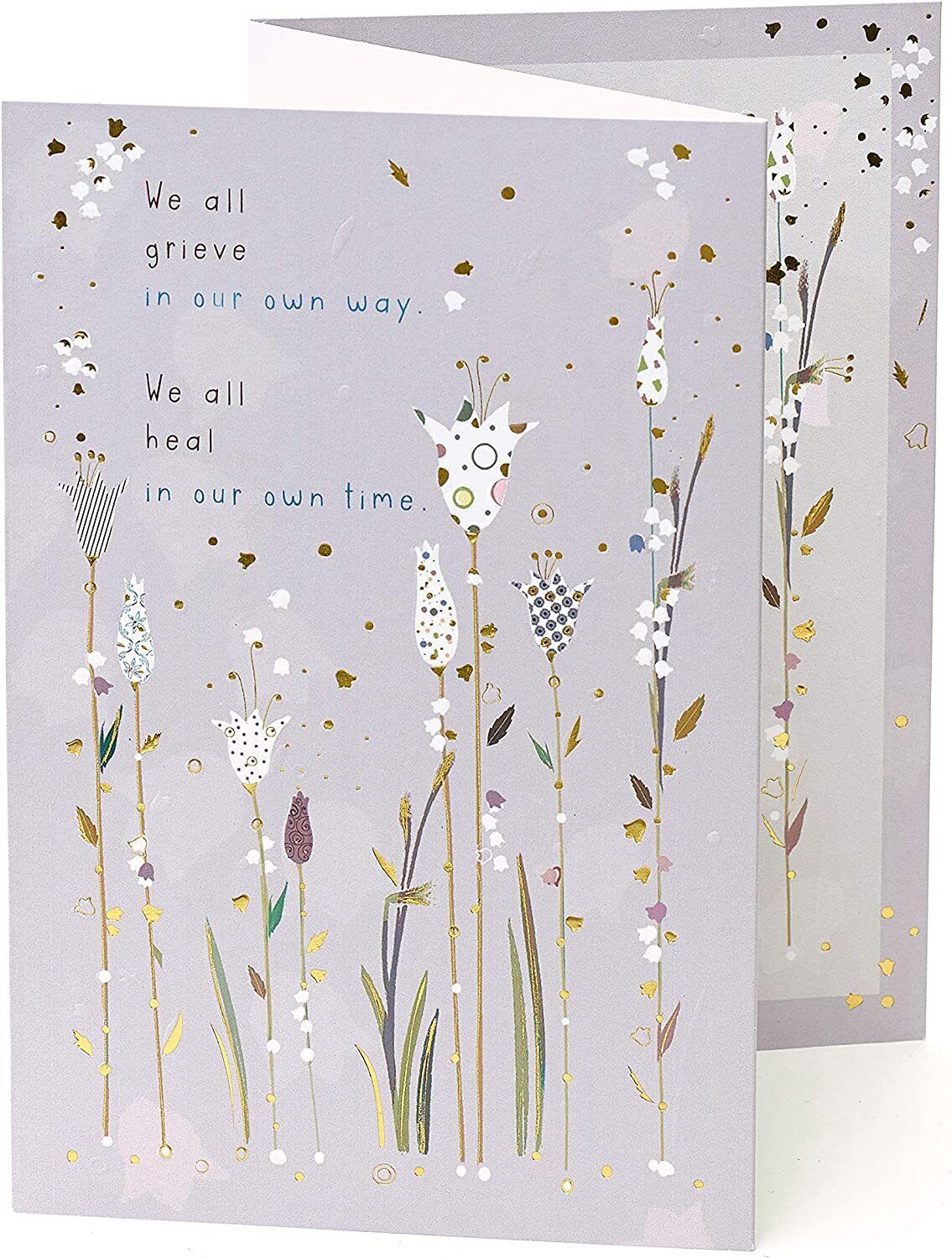 UK Greetings sympathy greeting card titled "Grieve in Our Own Way" with caring thoughts and comforting message.