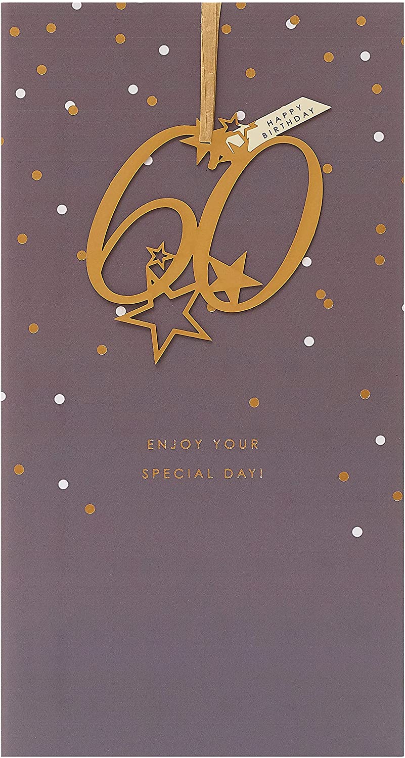UK Greetings Happy 60th Birthday greeting card with hanging keepsake, featuring colorful design and celebratory message.