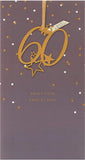 UK Greetings Happy 60th Birthday greeting card with hanging keepsake, featuring colorful design and celebratory message.