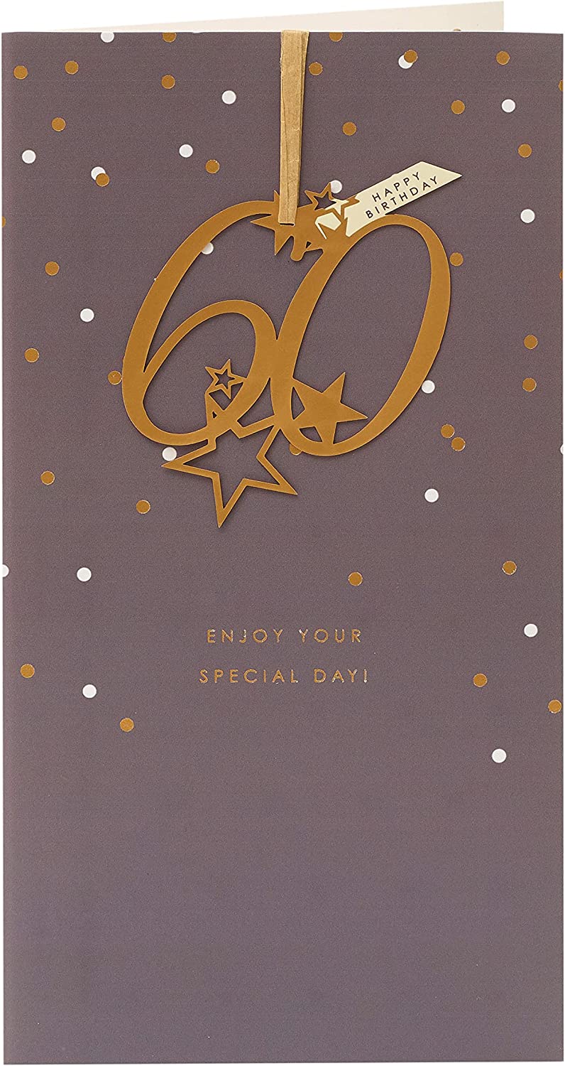 UK Greetings Happy 60th Birthday greeting card with a hanging keepsake, featuring colorful birthday design and festive decorations.