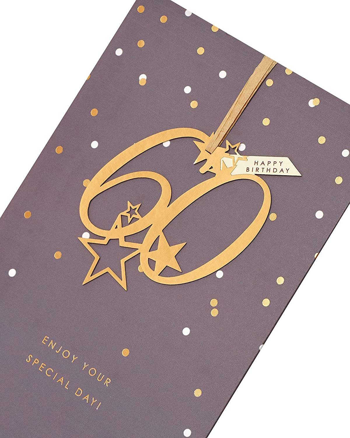 UK Greetings Happy 60th Birthday greeting card with hanging keepsake, featuring colorful birthday design and decorative elements.