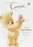 UK Greetings Happy Birthday Cousin greeting card featuring a cute teddy bear illustration for birthday wishes.