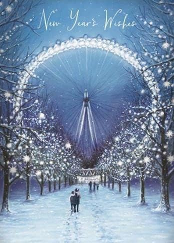 UK Greetings Happy New Year 2022 greeting card featuring a ferris wheel and tree-lined path in a vibrant, festive design.