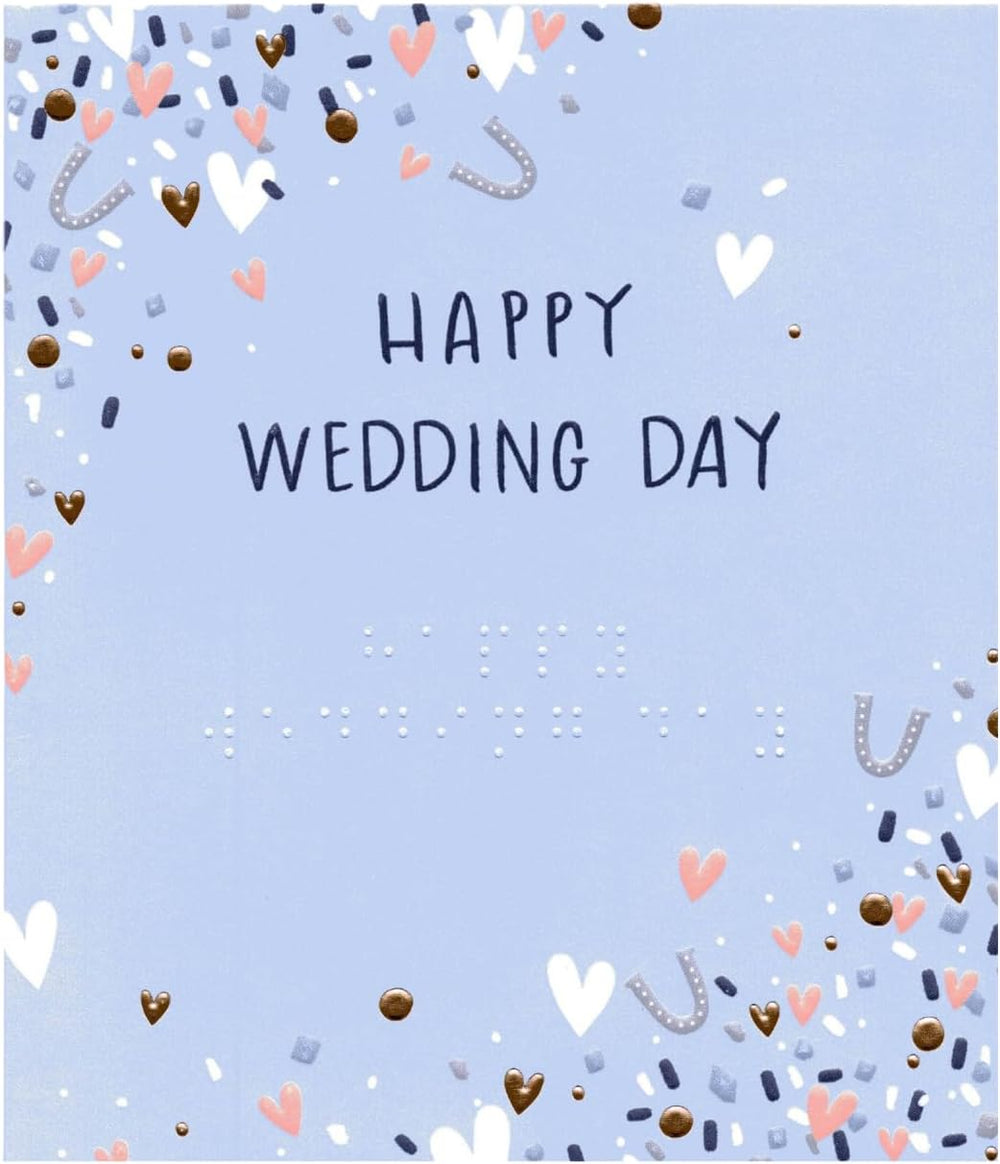 Blue UK Greetings wedding day greeting card with braille lettering, featuring a happy wedding message and elegant design.