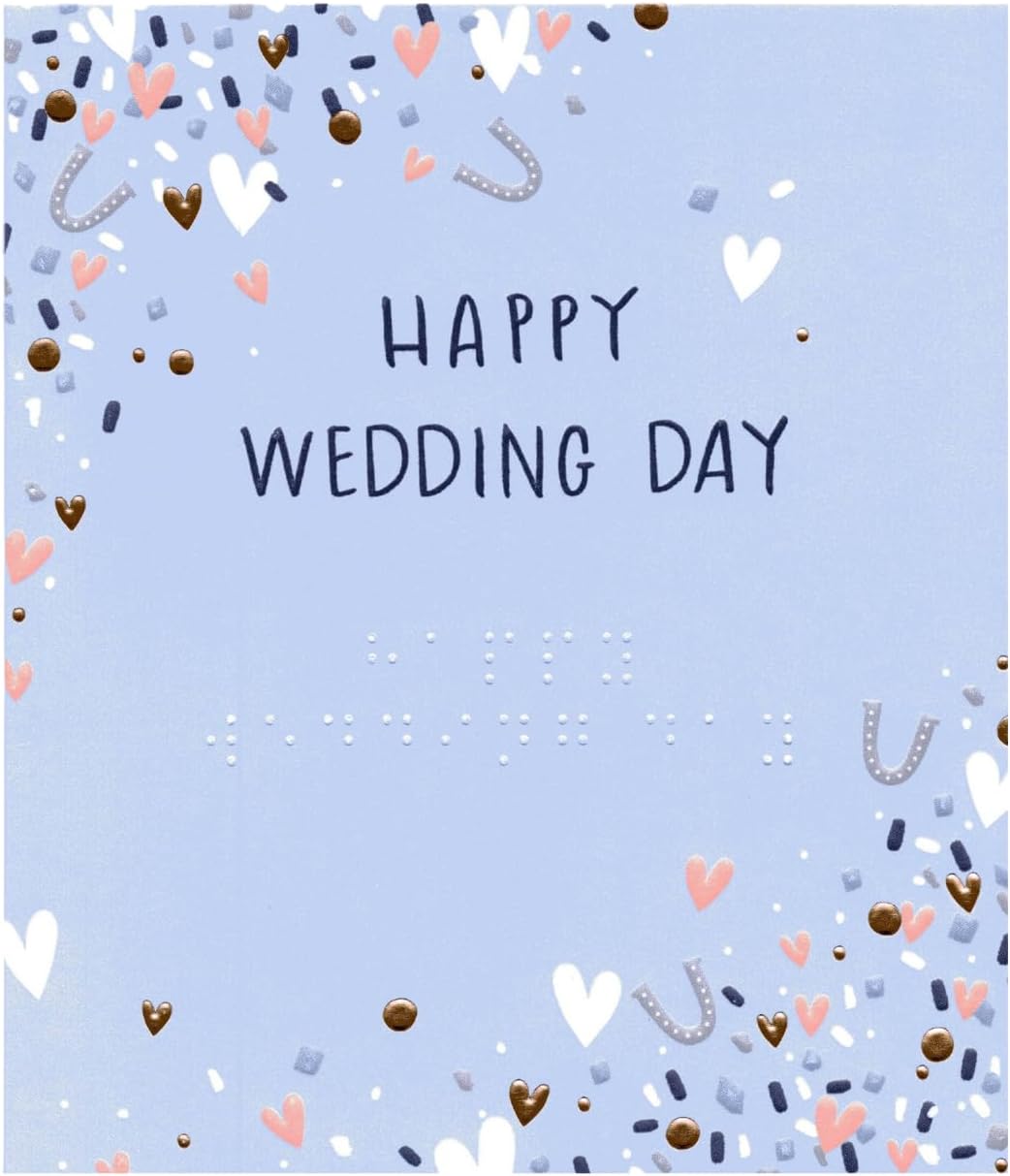 Blue UK Greetings wedding day greeting card with braille lettering, featuring a happy wedding message and elegant design.