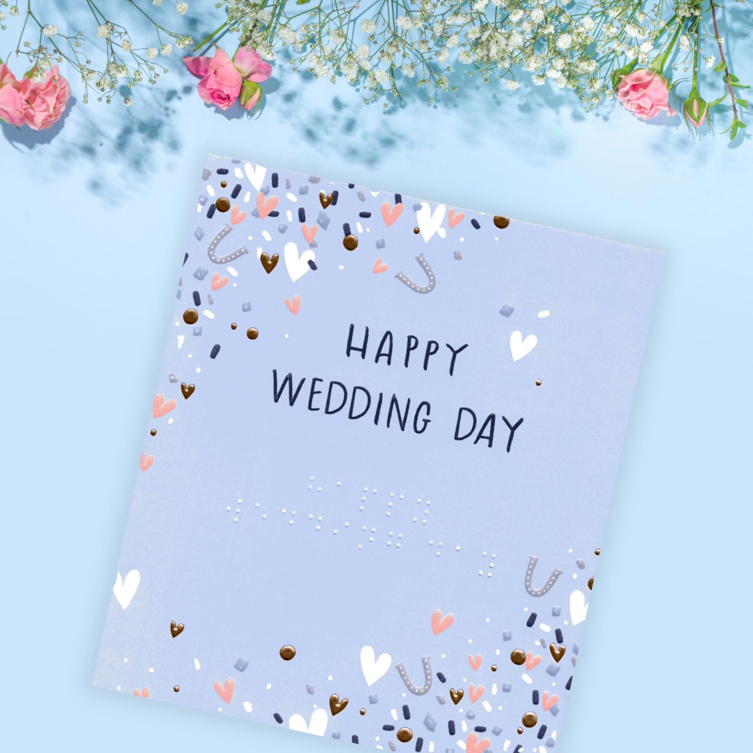 UK Greetings Happy Wedding Day greeting card with blue design and Braille lettering, featuring a heartfelt wedding message.
