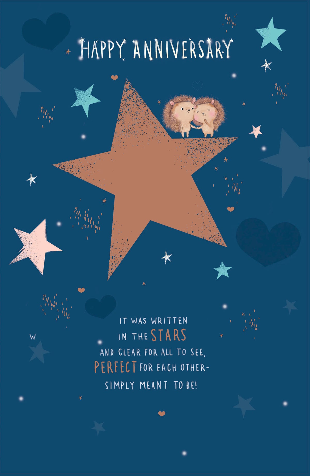 UK Greetings Hedgehogs and Stars anniversary greeting card with a shiny foil finish and charming design.