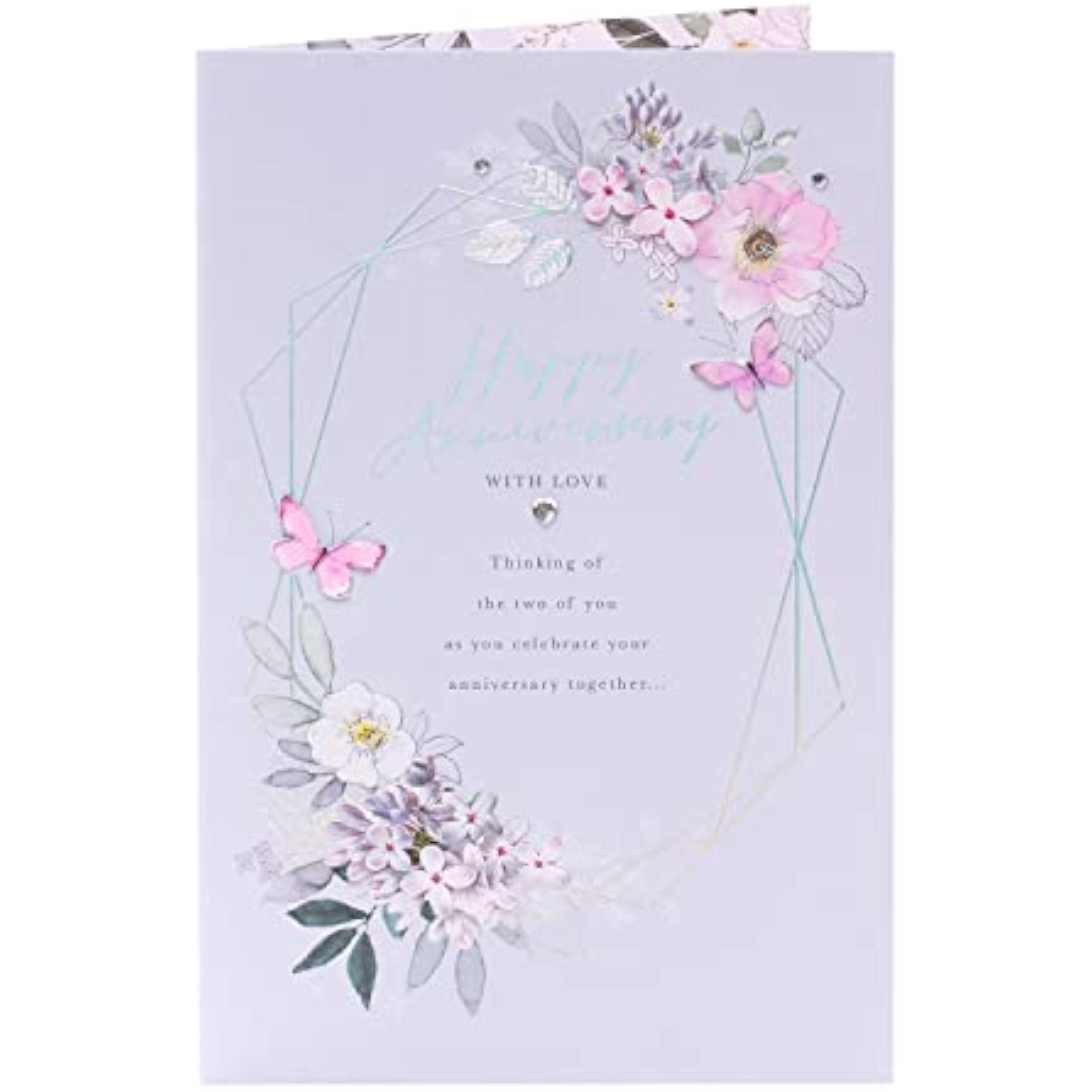 UK Greetings holographic floral anniversary greeting card showing vibrant floral designs and shimmering holographic accents.