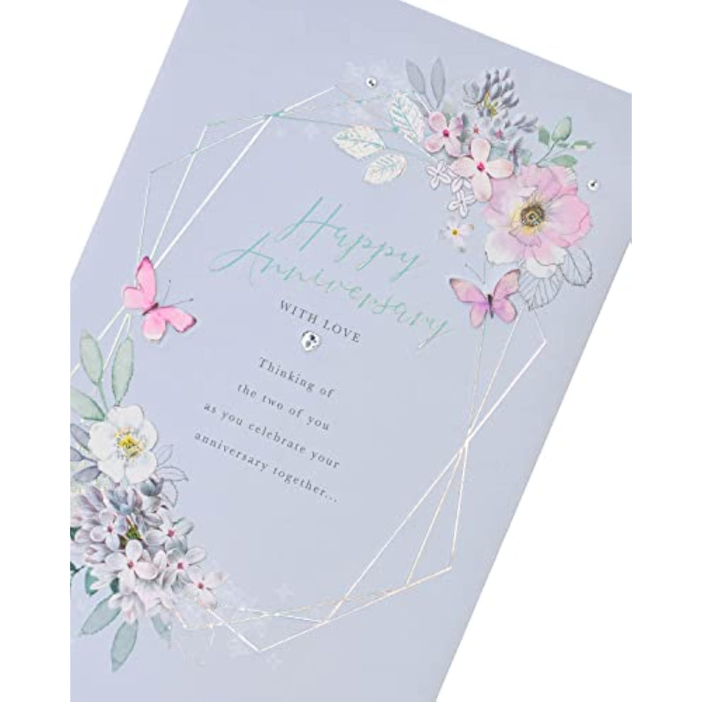 Holographic floral anniversary greeting card by UK Greetings with shimmering floral design and heartfelt message inside.