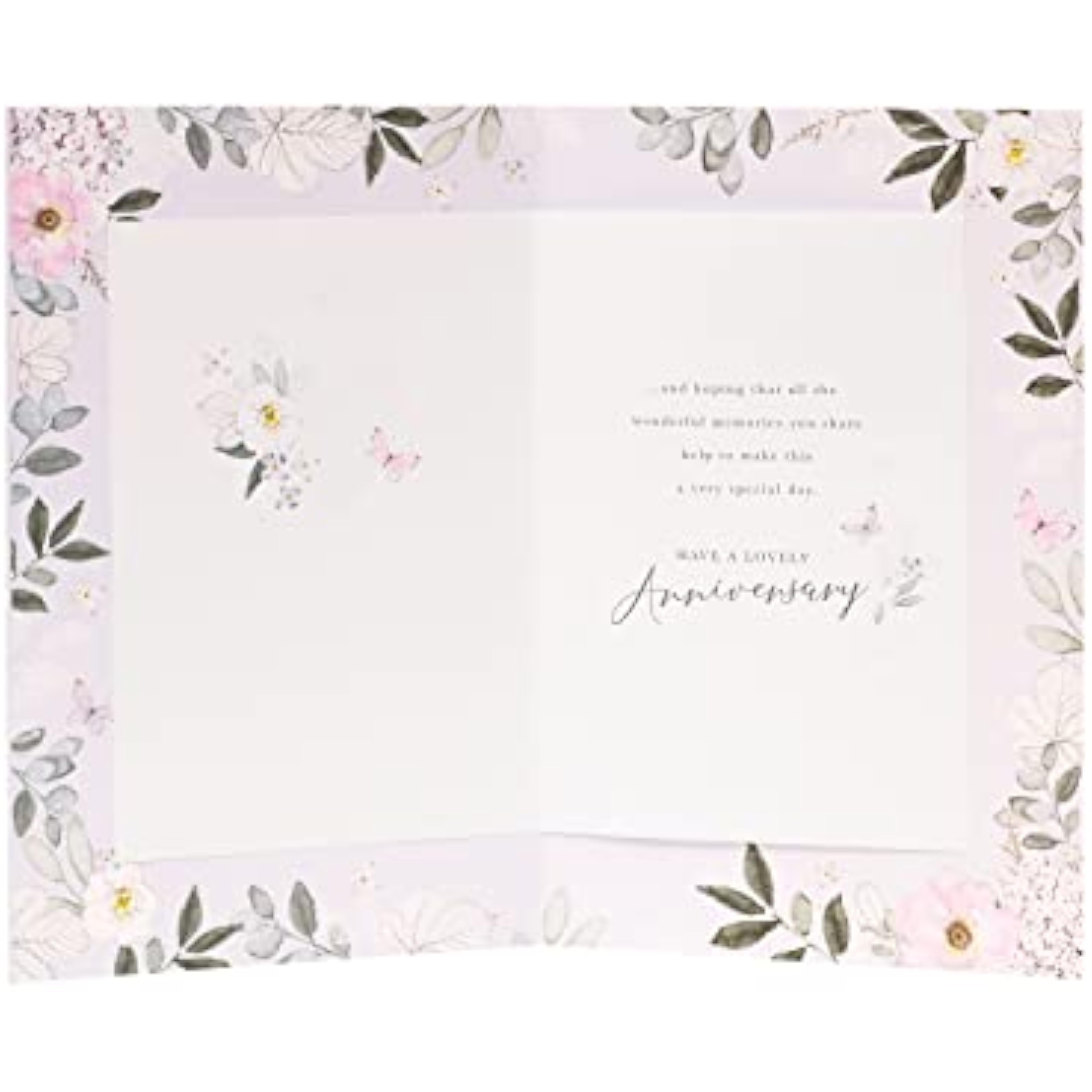 Holographic floral anniversary greeting card by UK Greetings featuring shimmering floral design and heartfelt message inside.