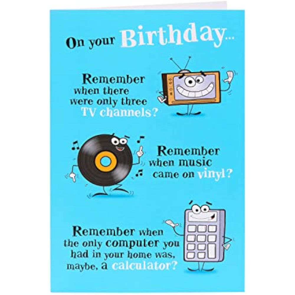 Humorous UK Greetings nostalgic birthday card with funny illustrations and nostalgic design, perfect for celebrating with humor.