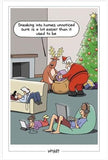 UK Greetings Christmas card featuring Santa and reindeer sneaking into homes, humorous holiday greeting card design.