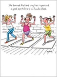 UK Greetings humorous women exercising Zumba class birthday card featuring a lively, colorful illustration of women dancing.