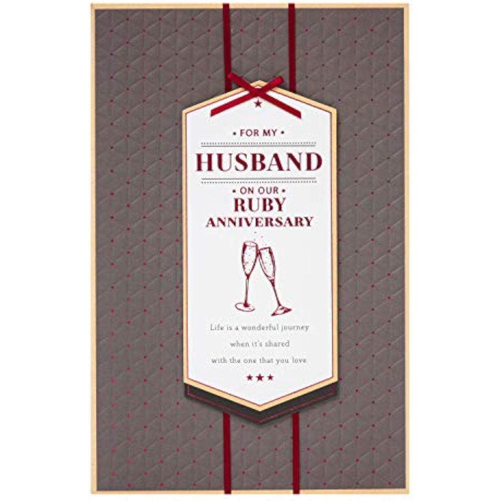 UK Greetings husband's 40th Ruby Wedding Anniversary greeting card featuring elegant design and heartfelt message.