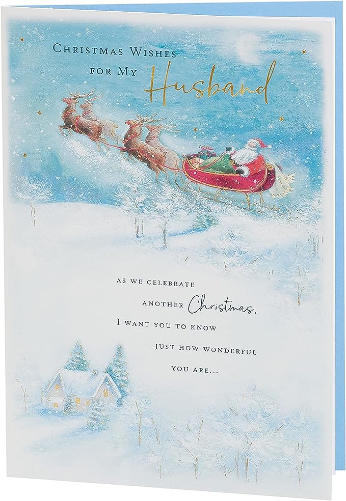 UK Greetings Christmas card featuring Santa and sleigh design, perfect for husband's holiday greetings, festive greeting card image.