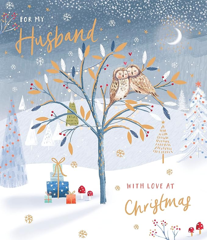 UK Greetings Husband Christmas card featuring gold foiled owls, festive design, perfect for holiday greetings.