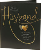 UK Greetings husband birthday card featuring a golden heart design and sentimental verse, perfect for special celebrations.