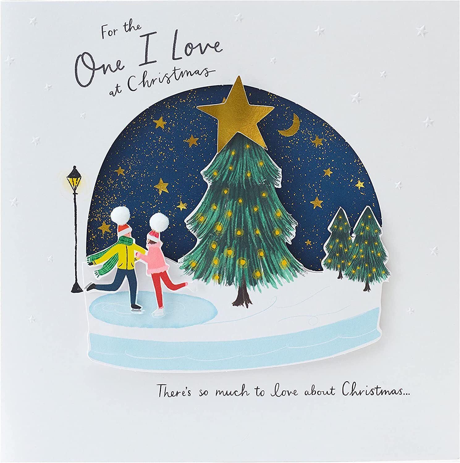 UK Greetings romantic Christmas card featuring ice skaters in a snow globe design, perfect for expressing love during the holidays.