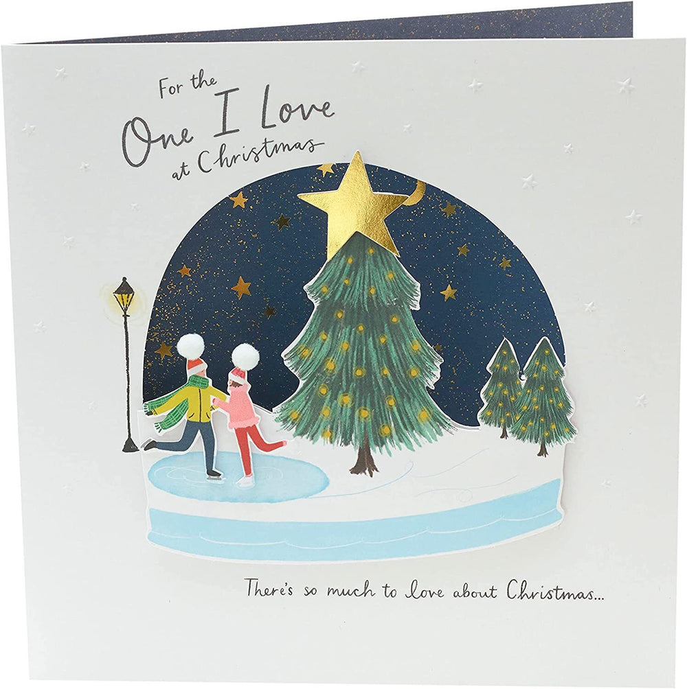 UK Greetings romantic Christmas greeting card featuring ice skaters inside a snow globe, perfect for expressing love during the holidays.