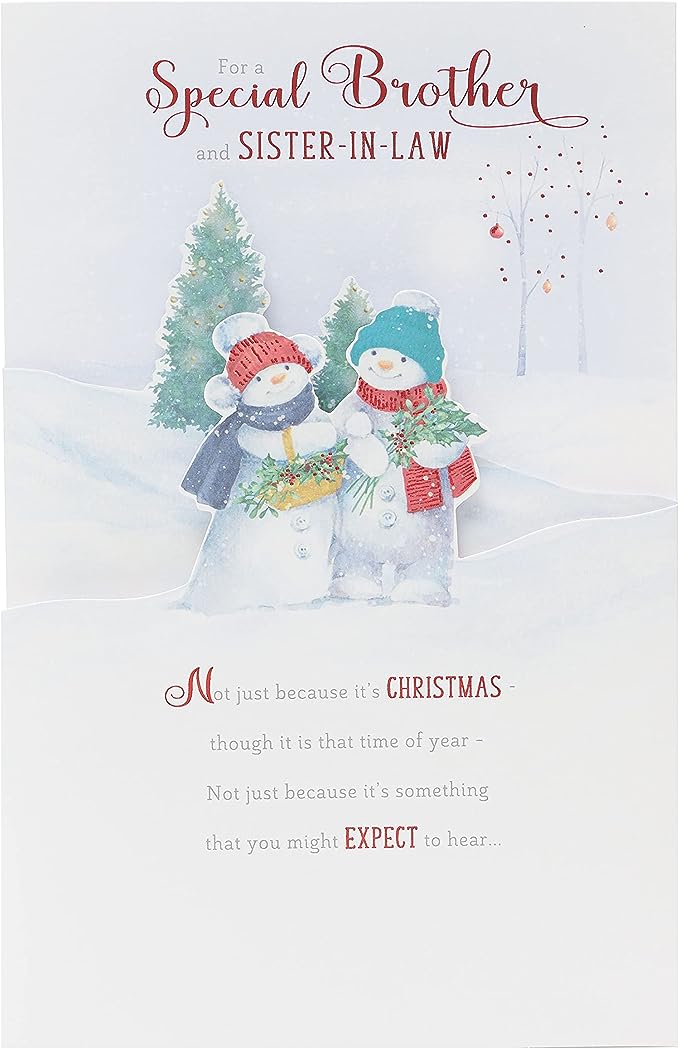 UK Greetings illustrated snowmen greeting card featuring holly and a basket, ideal for brother and sister-in-law.