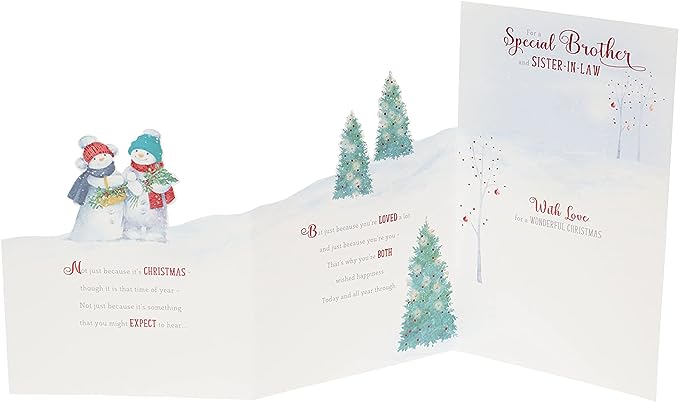 UK Greetings illustrated snowmen greeting card with holly and basket, designed for brother and sister-in-law.