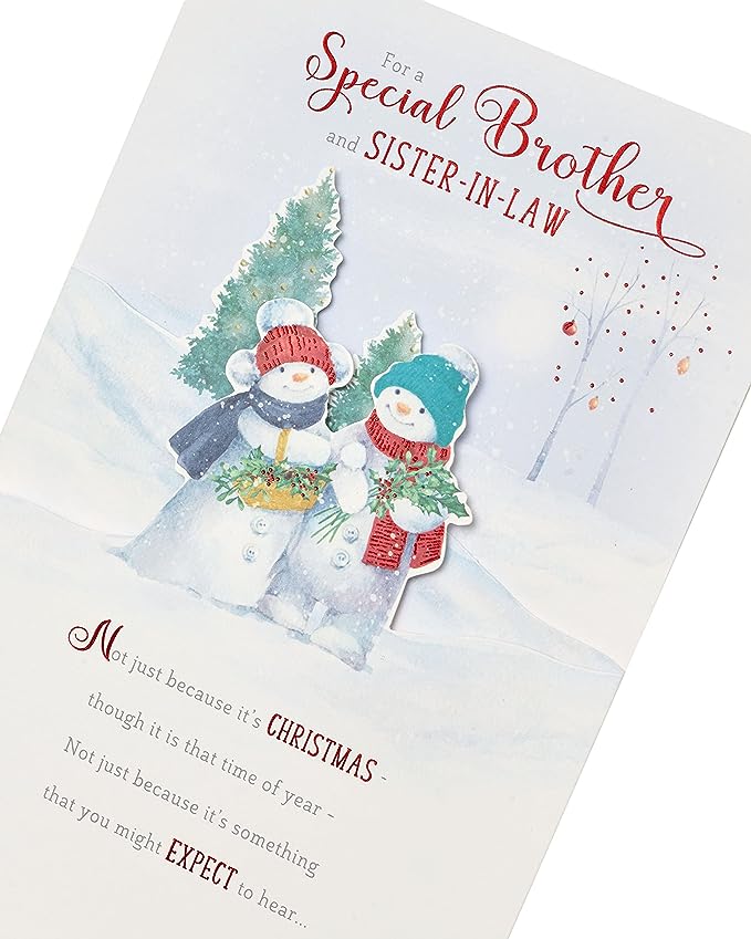 UK Greetings illustrated snowmen greeting card featuring holly and basket, designed for brother and sister-in-law, ideal for holiday wishes.
