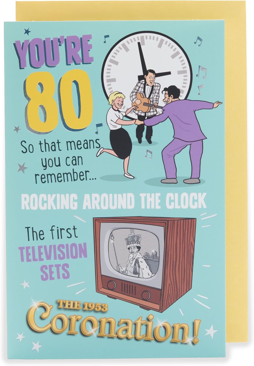 UK Greetings 80th birthday greeting card featuring integrated design, ideal for celebrating milestone birthdays.