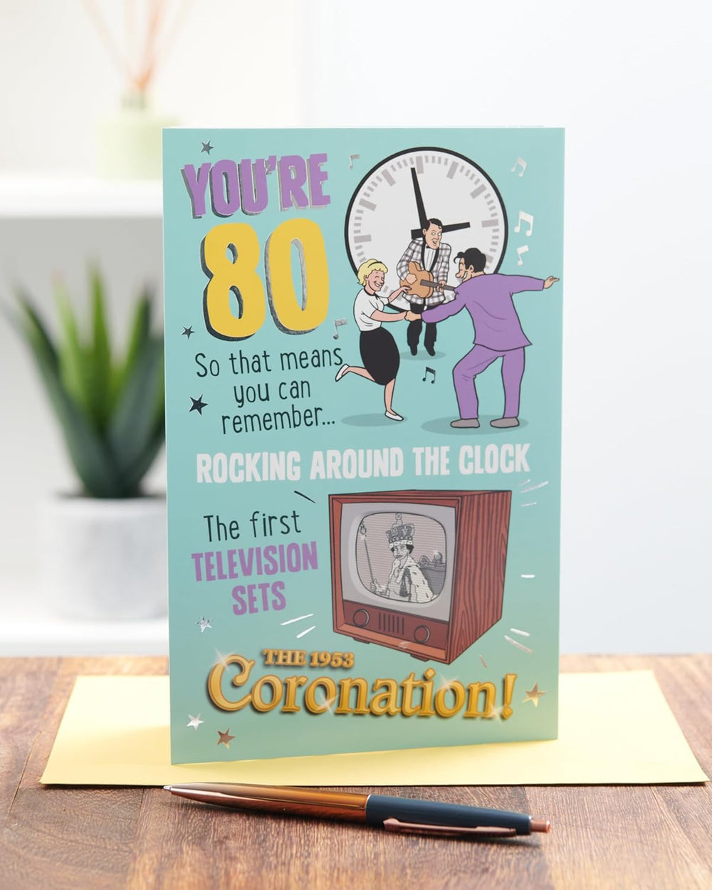 UK Greetings 80th birthday greeting card with integrated design, perfect for celebrating milestone birthdays.