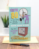 UK Greetings 80th birthday greeting card with integrated design, perfect for celebrating milestone birthdays.