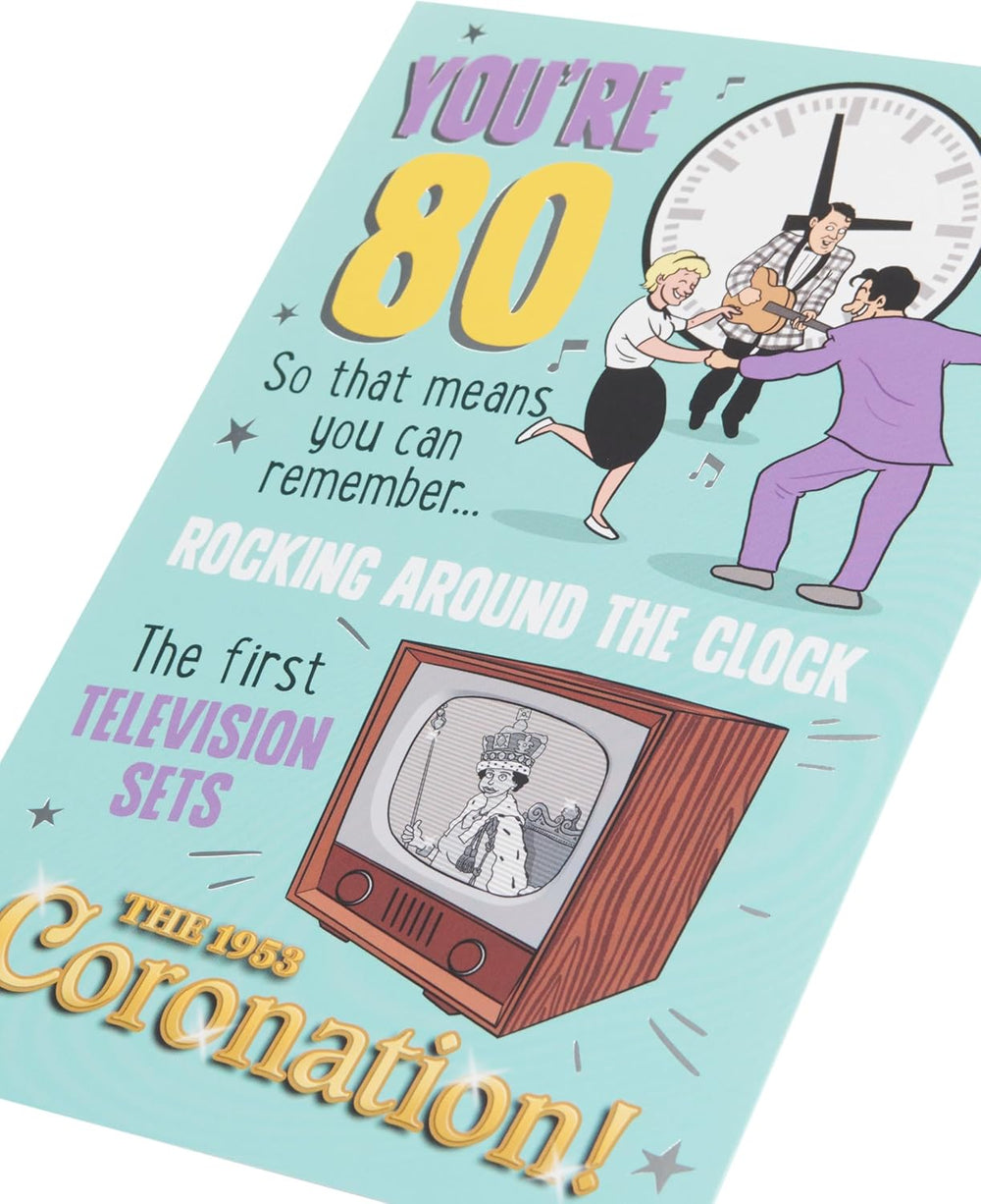 UK Greetings 80th birthday greeting card featuring integrated design, perfect for celebrating an 80th birthday.