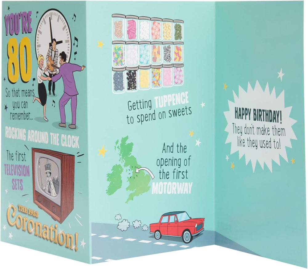UK Greetings 80th birthday greeting card featuring integrated design, ideal for celebrating milestone birthdays.
