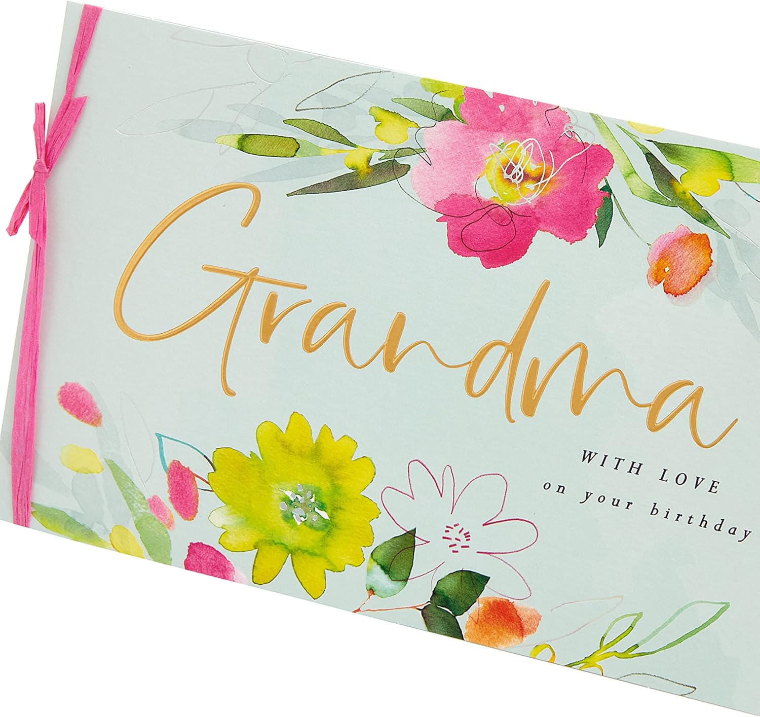 UK Greetings integrated birthday greeting card for grandma, featuring colorful floral design and heartfelt message.