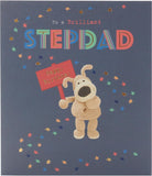 UK Greetings birthday greeting card for stepdad with integrated message, featuring colorful design and "55" milestone theme.